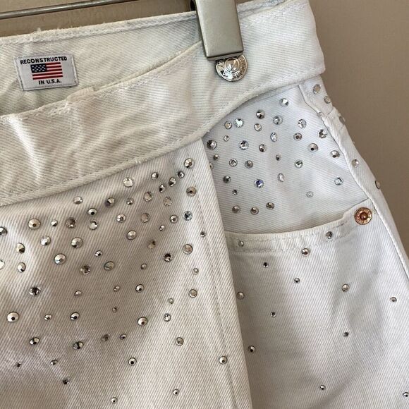 Re/done & PAM Levis White Denim Crystal Denim Wrap Mini Skirt NWT Sz 25 $495 - Picture 9 of 12